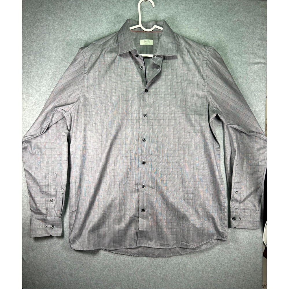 Eton Dress Shirt Mens 17 Gray Plaid Long Sleeve Spread Collar Business Formal